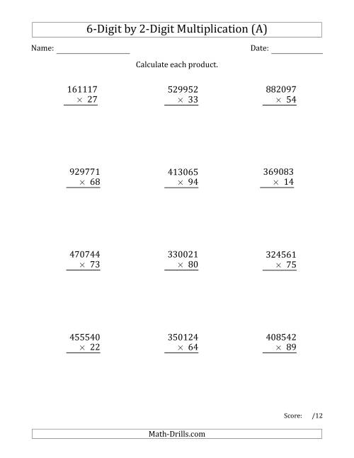 Multiplying 6-Digit by 2-Digit Numbers (A)