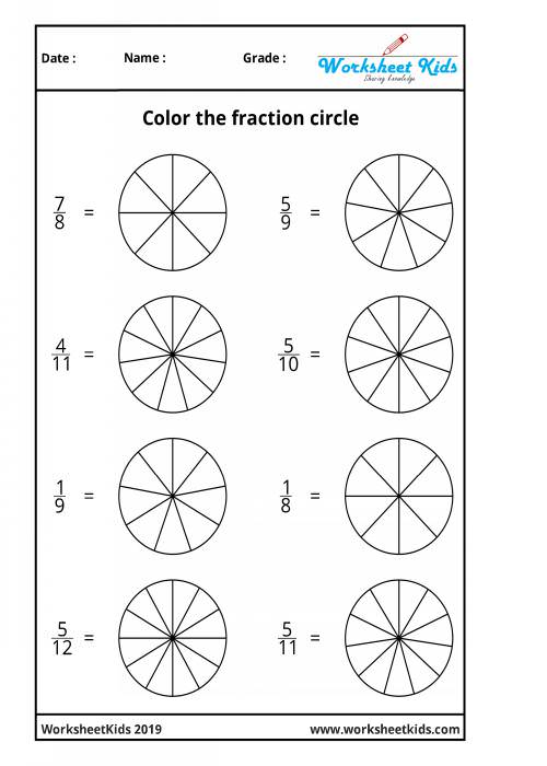 Fraction circles coloring printable worksheets | 3rd | 4th | 5th ...