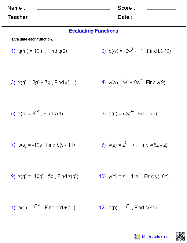 Algebra 2 Worksheets | General Functions Worksheets