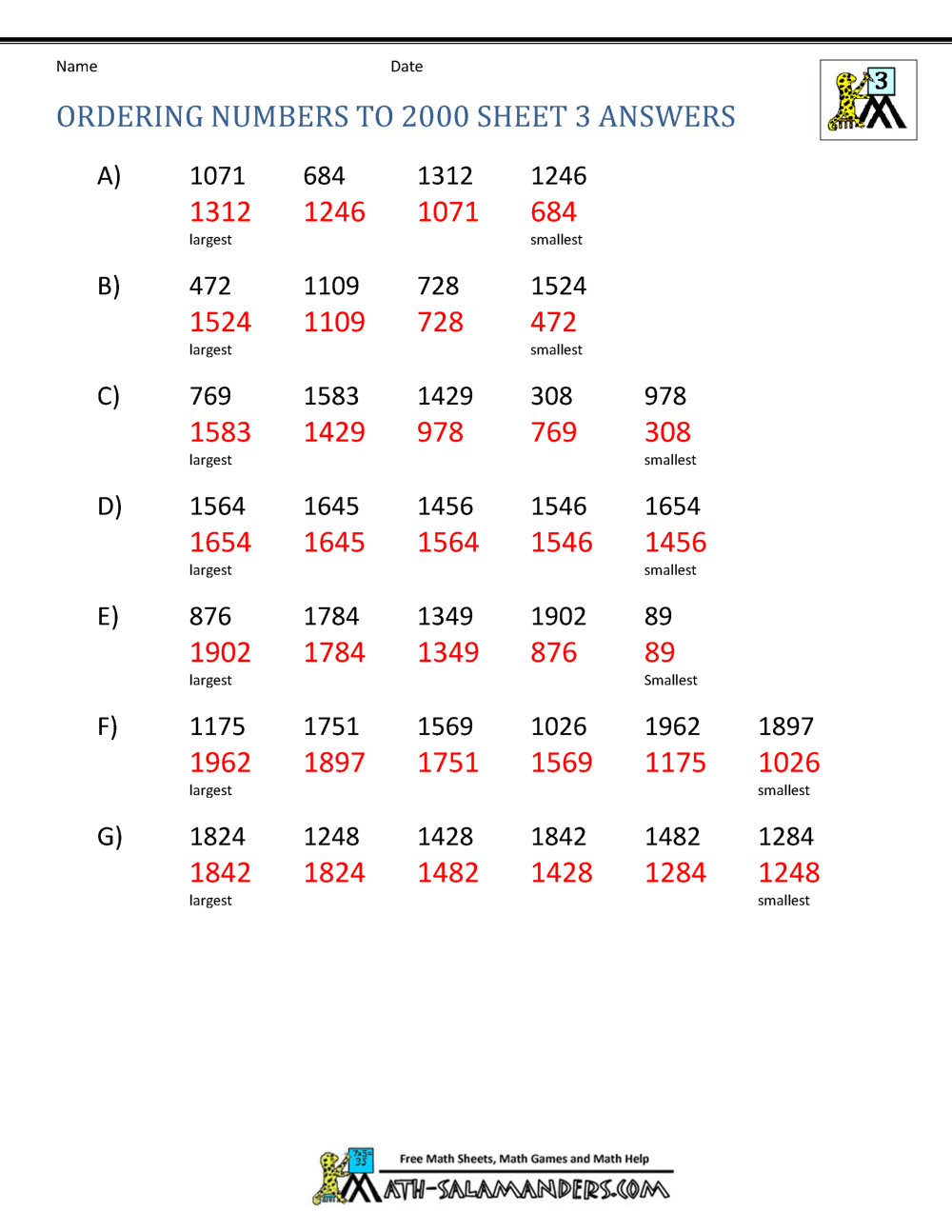 Ordering 4 digit numbers worksheets 3rd grade