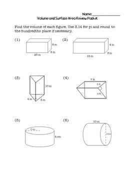 6th Grade Math Volume and Surface Area Review Packet | Worksheets