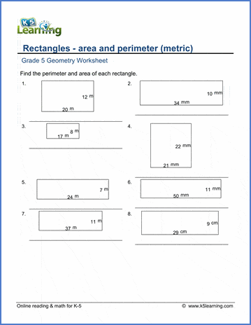 Grade 5 Geometry Worksheets: Area &  perimeter of rectangles ...