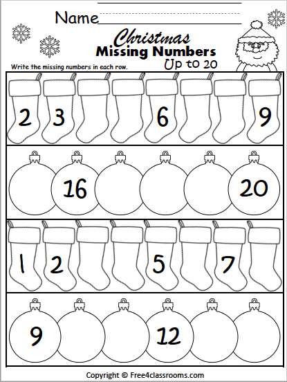 Free Christmas Write the missing numbers (1 to 20) - Free Worksheets