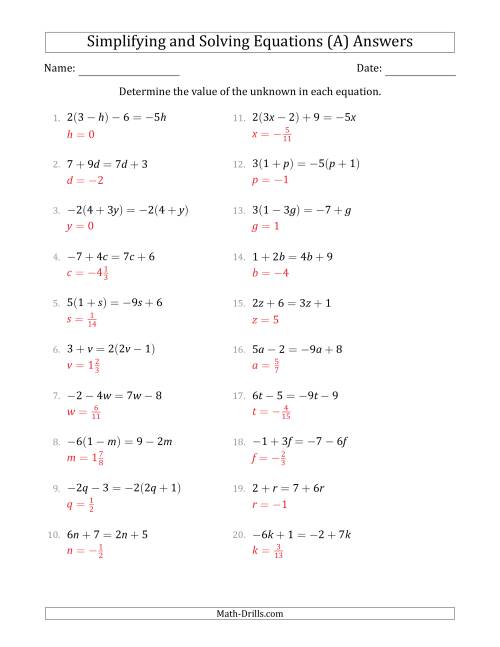 Combining Like Terms and Solving Simple Linear Equations (A)