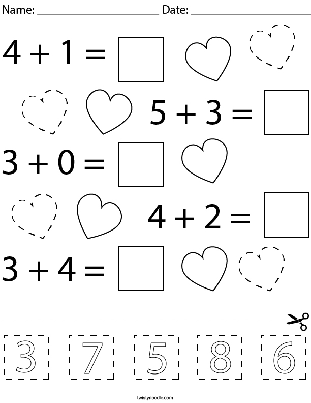 Valentines Day Addition Cut and Paste Math Worksheet - Twisty Noodle