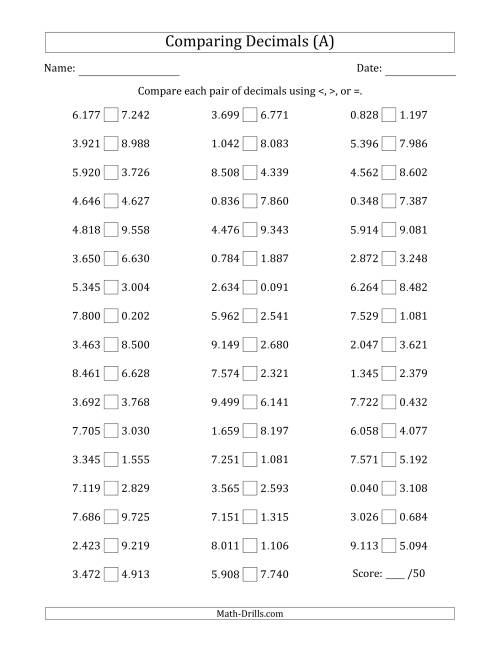 Comparing Decimals Up to Thousandths (Both Numbers Random) (A)
