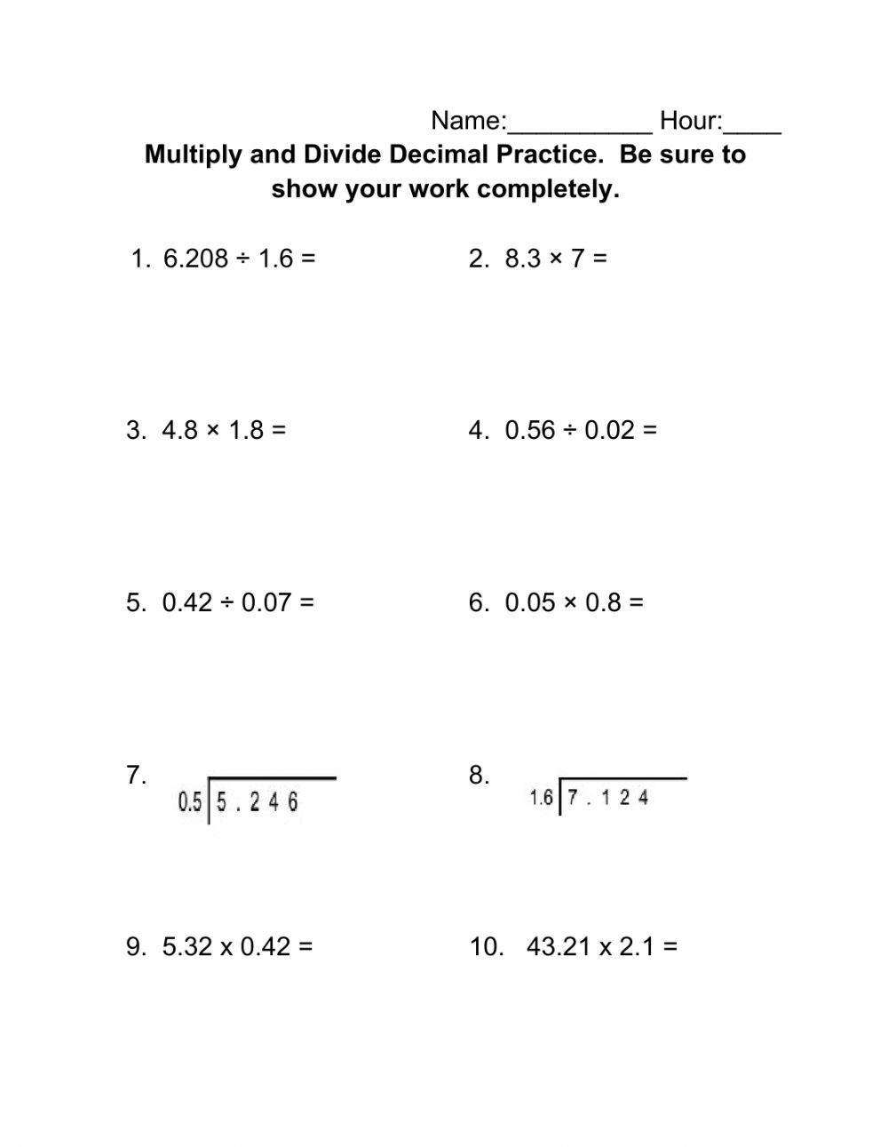 Multiply and Divide Decimals worksheet  