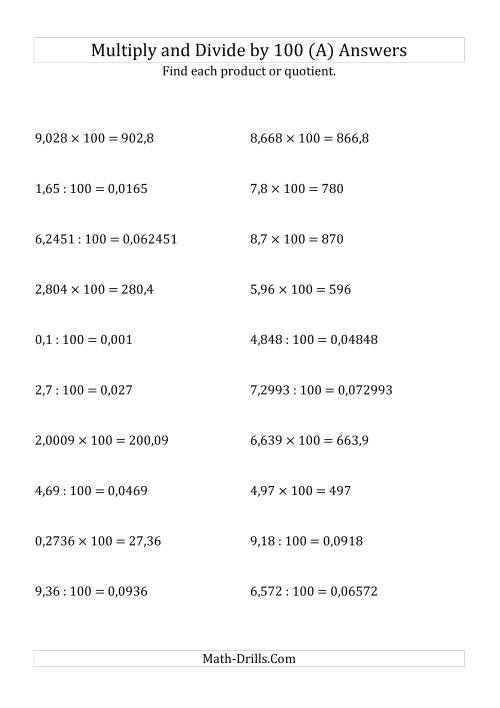 Multiplying and Dividing Decimals by 100 (A)