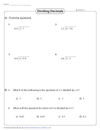 Dividing Decimals Worksheets