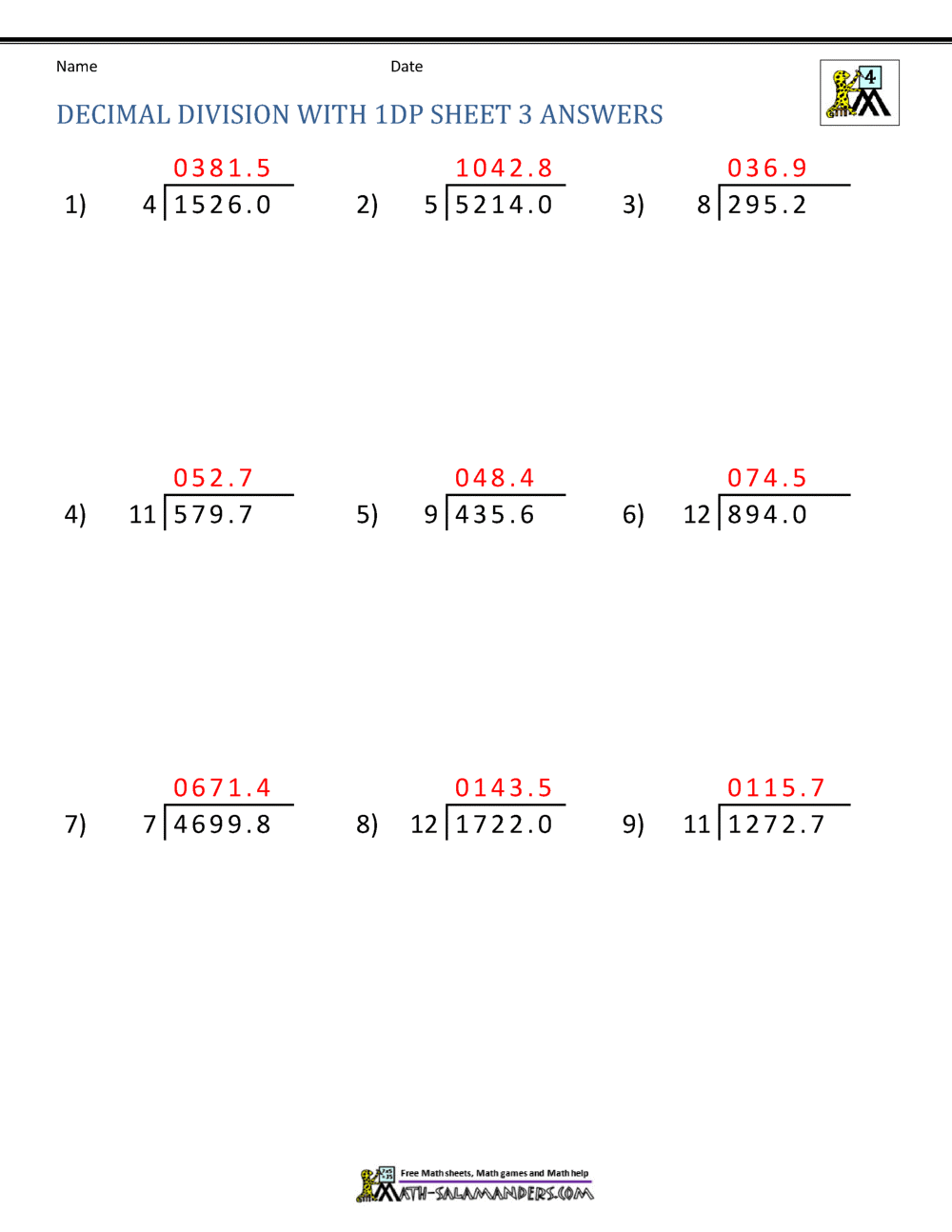 Division of Decimal Numbers Worksheets