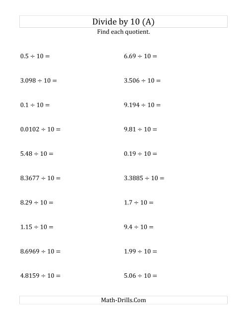 Dividing Decimals by 10 (A)