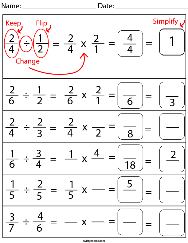 math worksheet dividing fractions