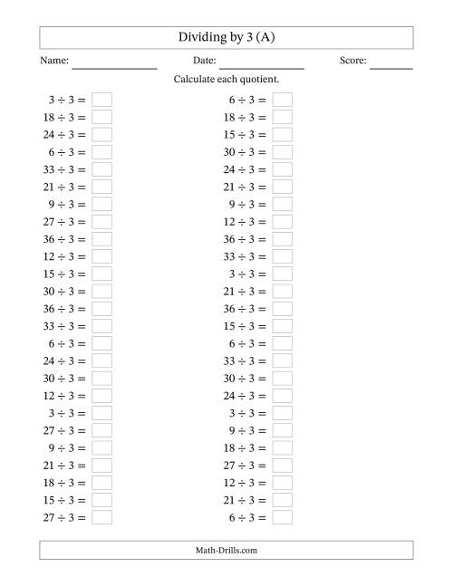 Horizontally Arranged Dividing by 3 with Quotients 1 to 12 (50 ...
