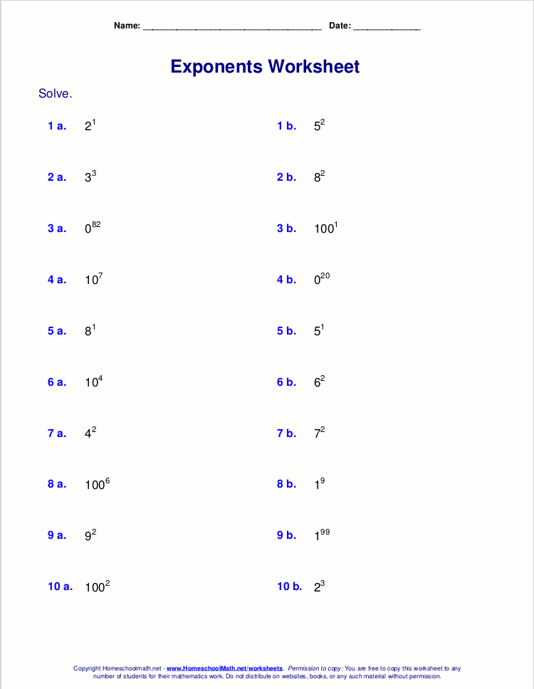 Free exponents worksheets