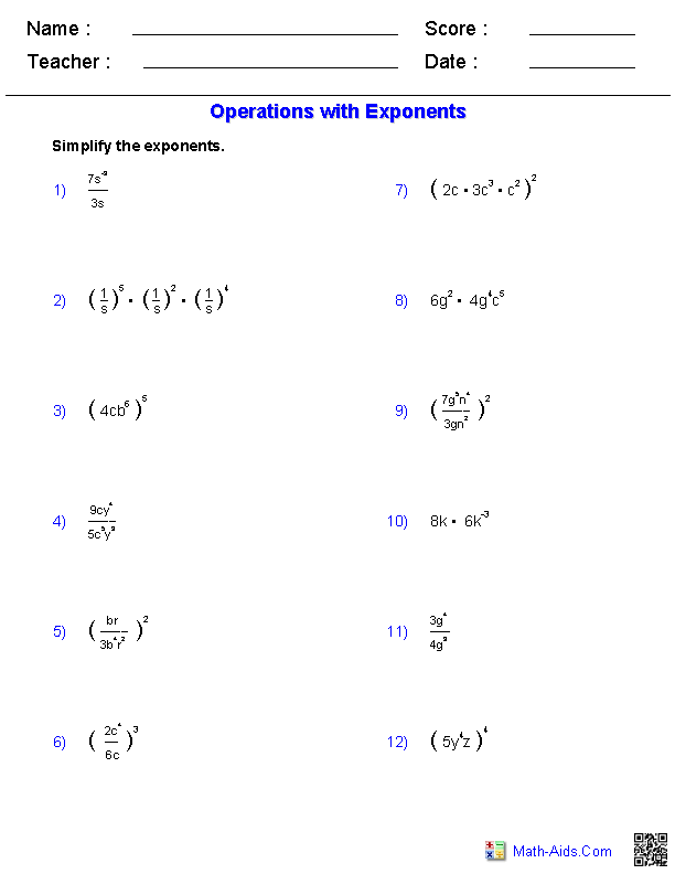 math worksheet exponents