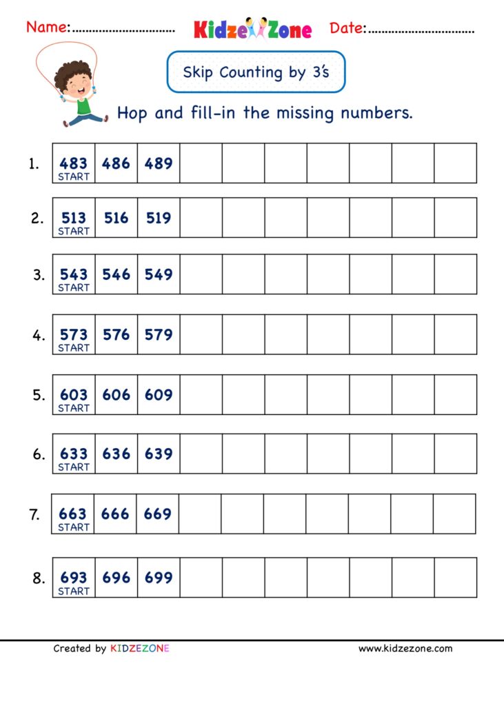Grade 2 Math Number Practice worksheets - Skip Counting by 3
