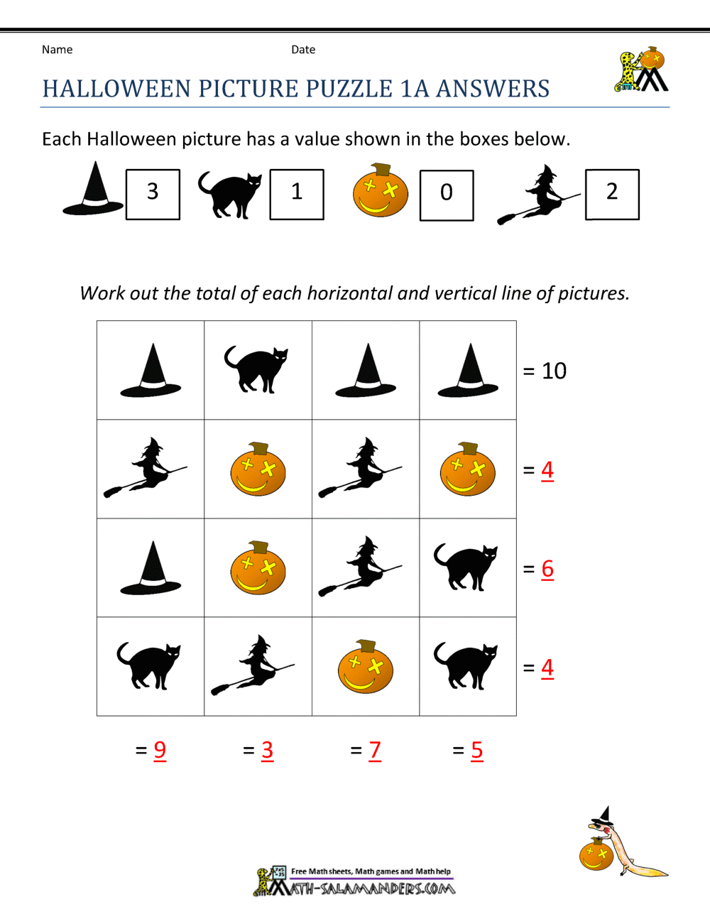 First Grade Math Worksheets Halloween