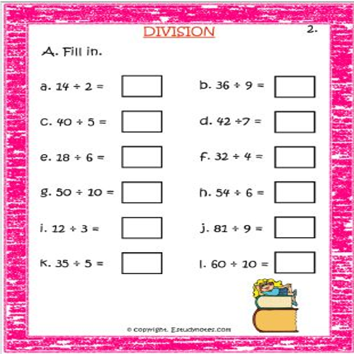 Maths Division-Fill In Worksheet 2 Grade 2