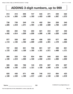 Grade 3 - Math Worksheets (Vertical Addition)