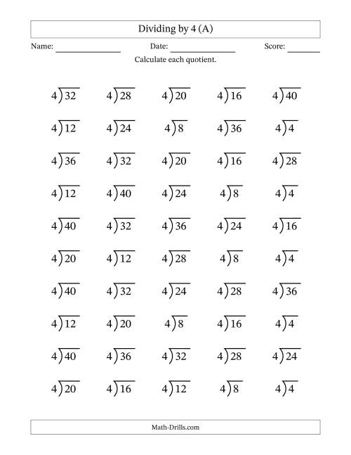 Division Facts by a Fixed Divisor (4) and Quotients from 1 to 10 ...