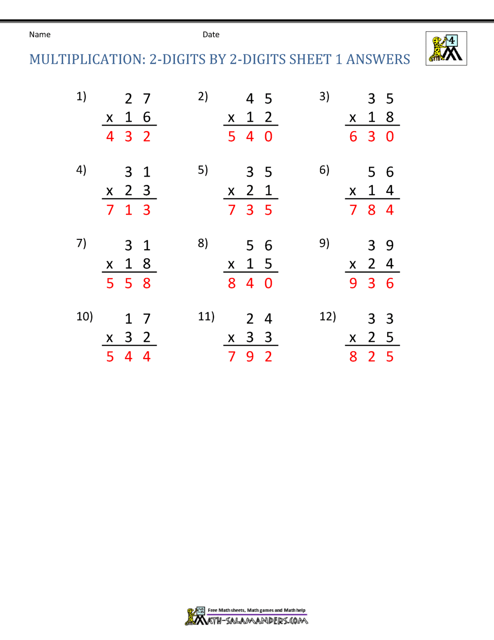 math worksheet for 4th grade with answer key