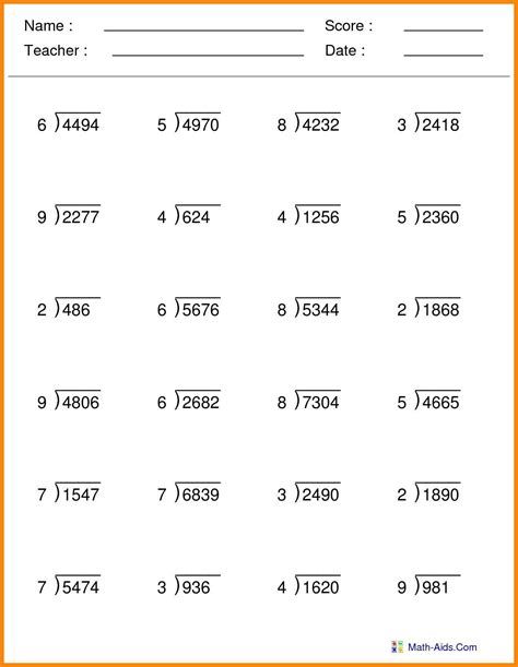 math worksheet for 5th grade division