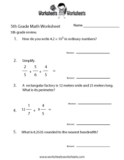 math worksheet for 5th grade with answer key
