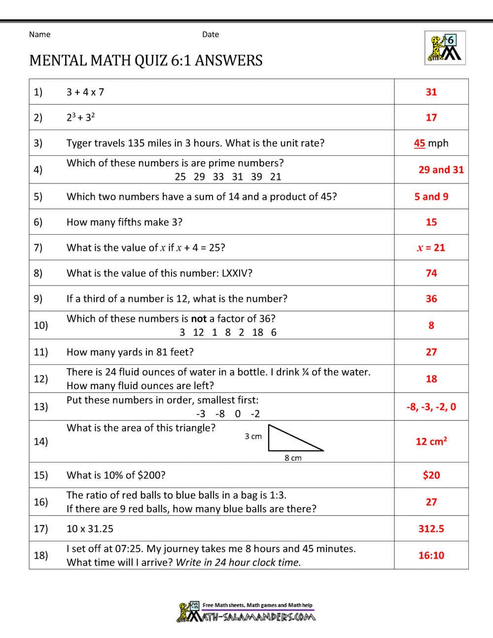math worksheet for 6th graders with answers