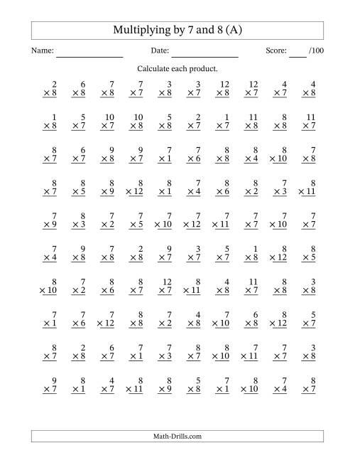 Multiplying (1 to 12) by 7 and 8 (100 Questions) (A)