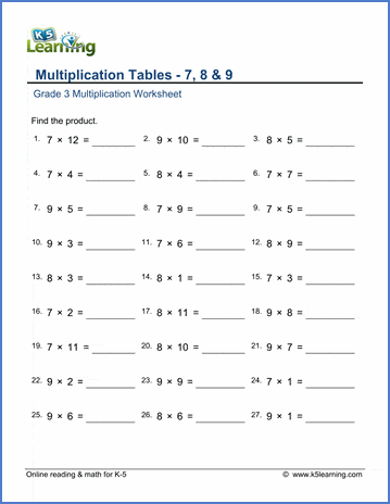 Grade 3 math worksheet - Multiplication tables 7, 8 &  9 | Worsheets library