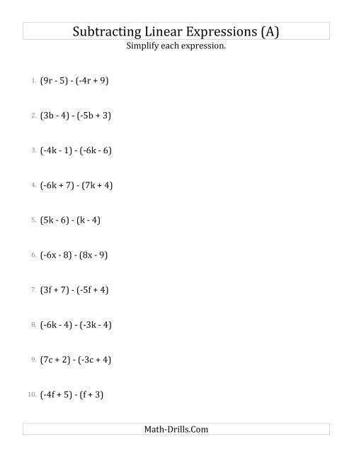 Subtracting and Simplifying Linear Expressions (A)