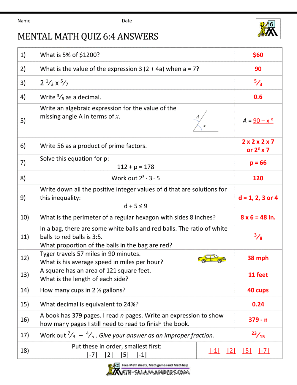 math worksheet for grade 6 and 7