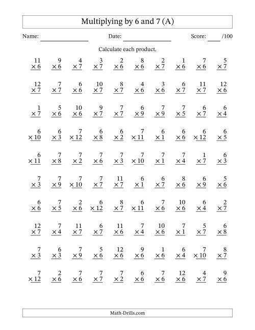 Multiplying (1 to 12) by 6 and 7 (100 Questions) (A)