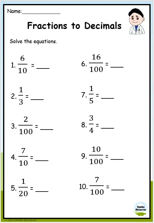 math worksheet fractions to decimals
