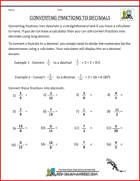 math worksheet fractions to decimals
