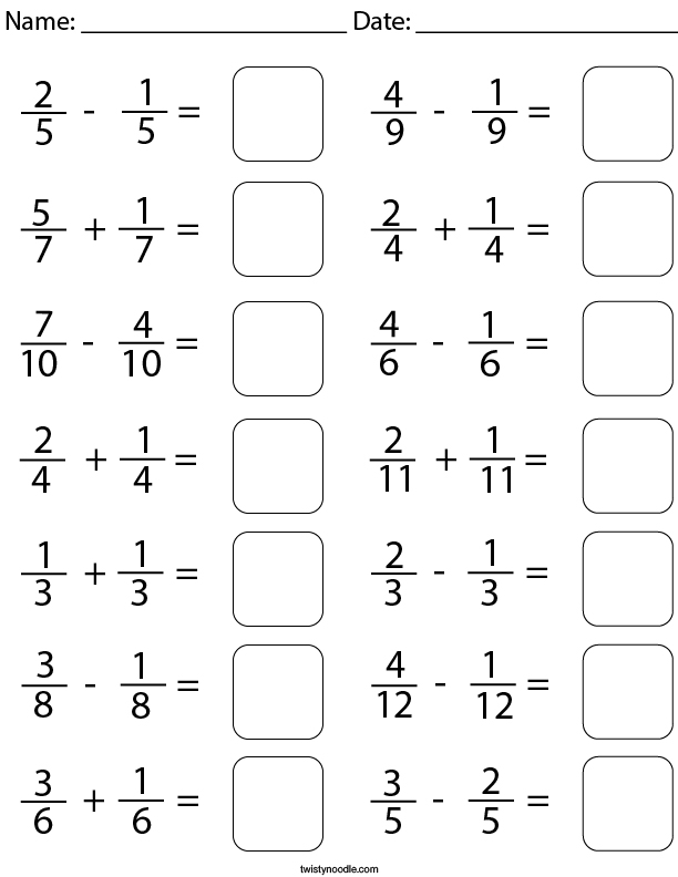 Adding and Subtracting Like Fractions Math Worksheet - Twisty Noodle