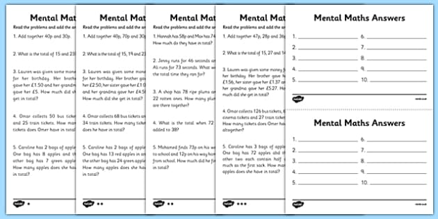 Addition Differentiated Activities | Mental Maths Worksheets