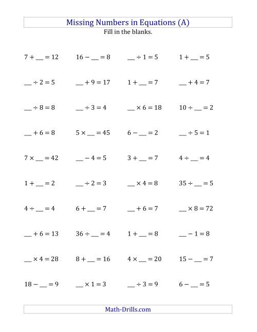 Missing Numbers in Equations (Blanks) -- All Operations (Range 1 ...