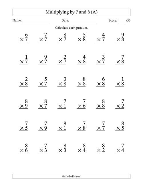 Multiplying (1 to 9) by 7 and 8 (36 Questions) (A)