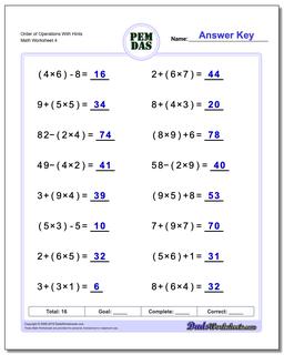 math worksheet order of operations