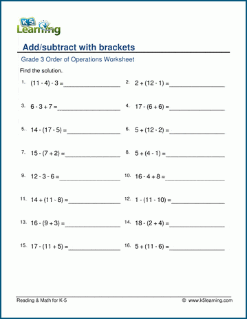Grade 3 Order of Operations Worksheet: add/subtract with ...