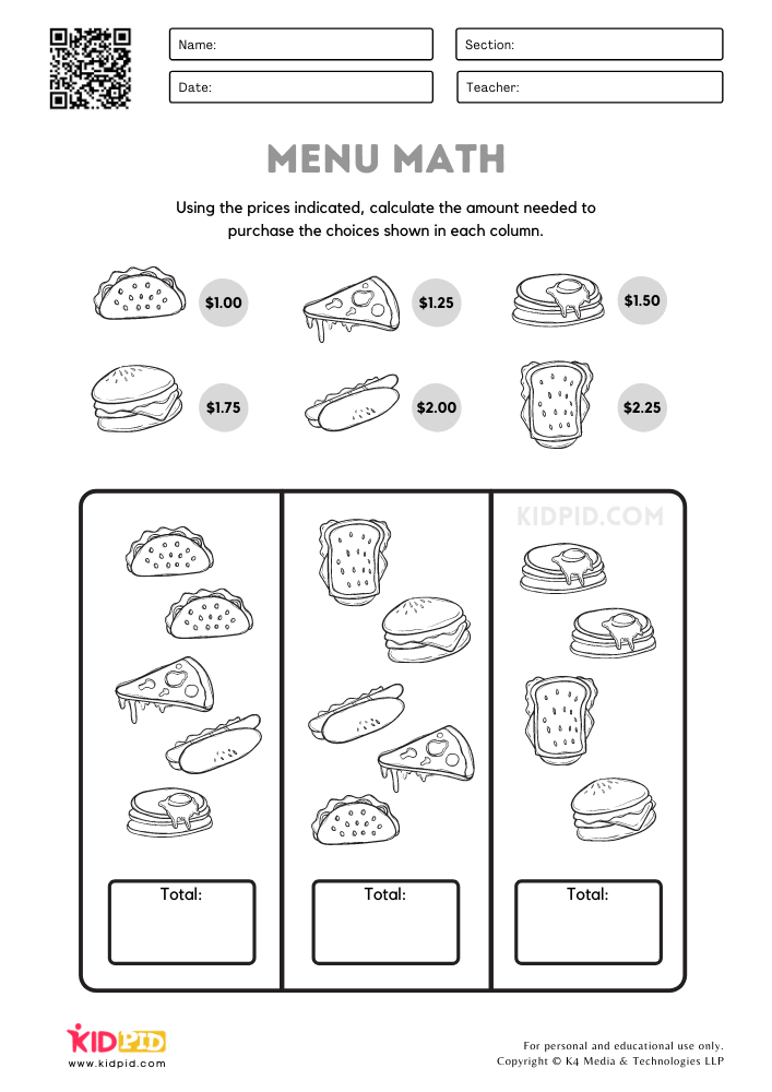 Menu Math Printable Worksheets for Kids - Kidpid