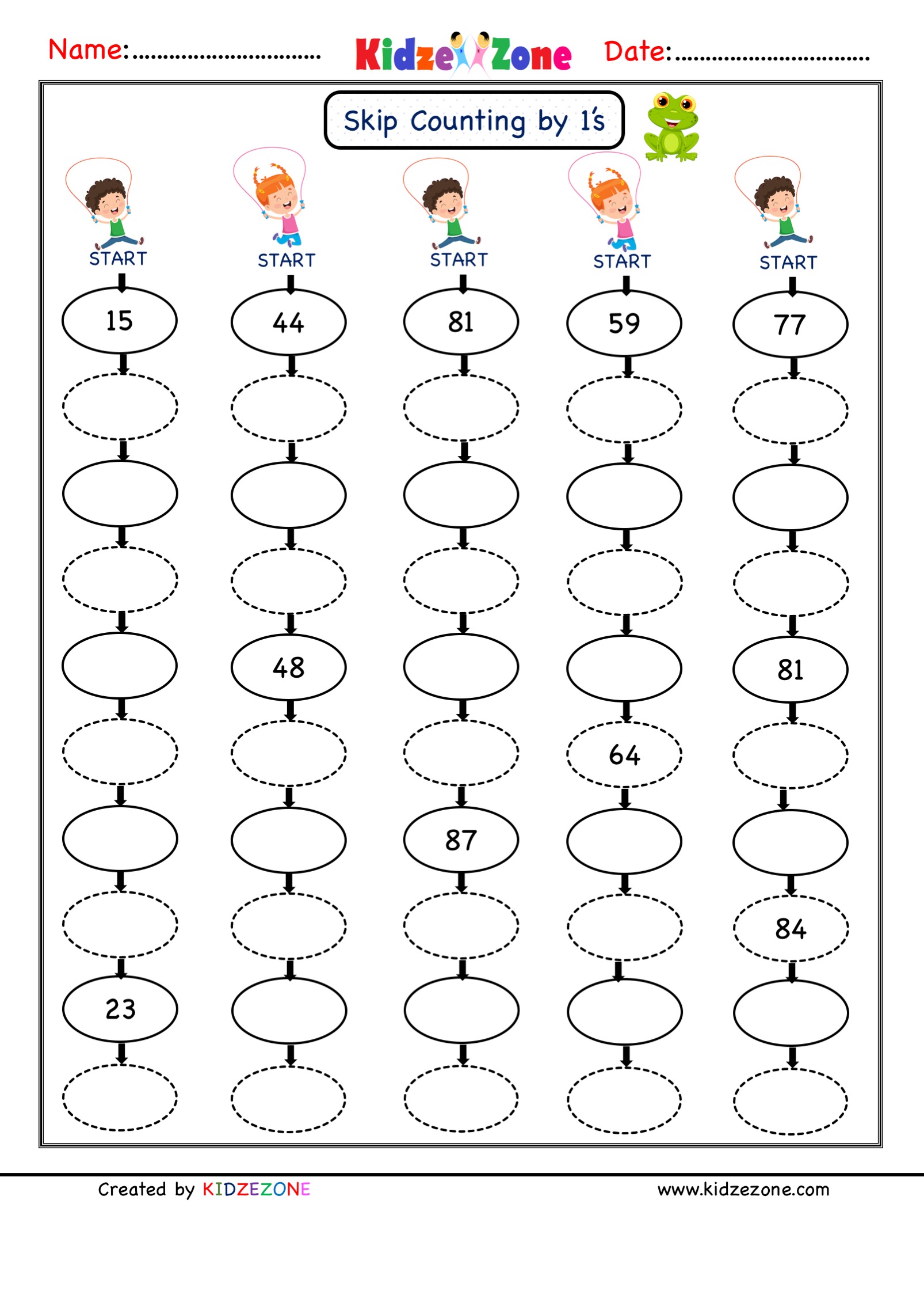 Grade 1 Math worksheets - Skip Counting by 1, Practice 25