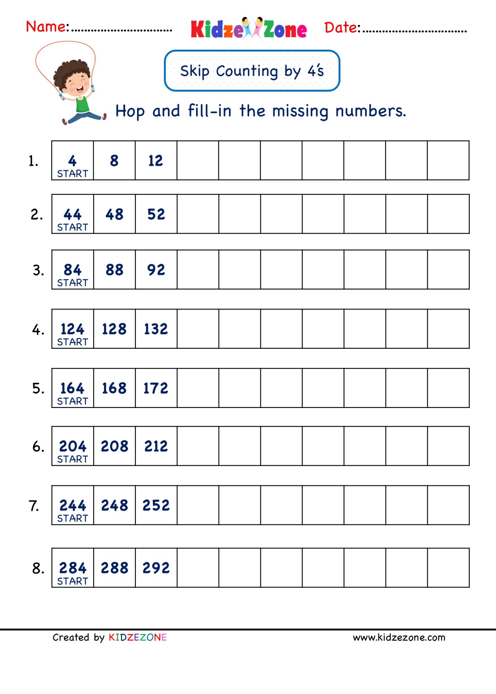 Grade 2 Math Number Practice worksheets - Skip Counting by 4