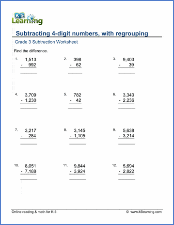 Grade 3 Math Worksheet: Subtract 4-digit numbers, with regrouping ...