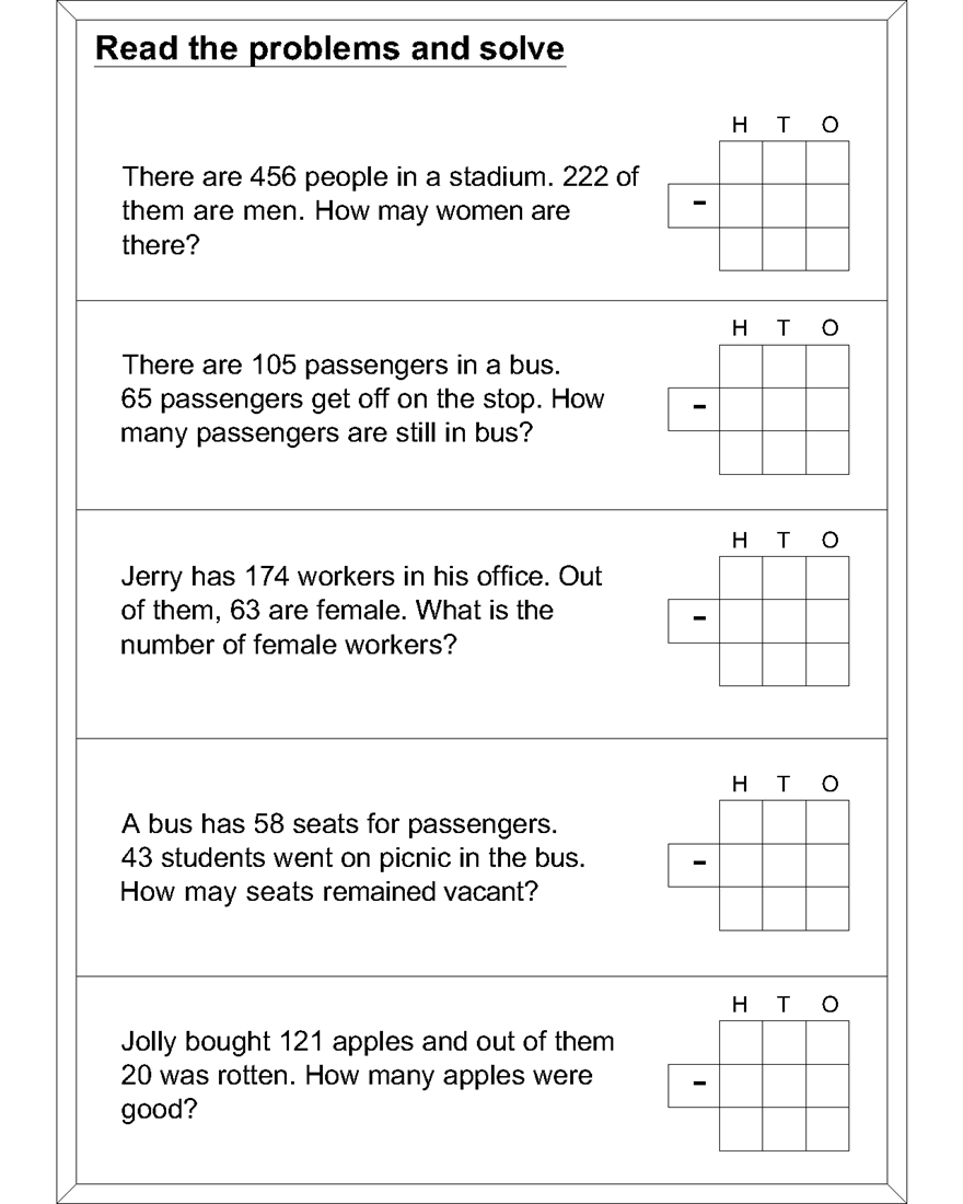 Word problem subtraction math worksheets