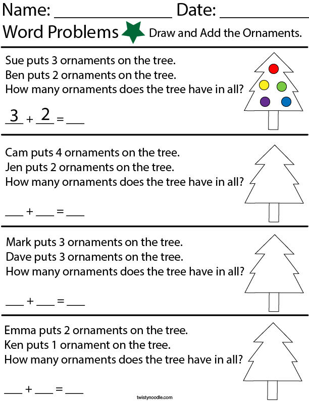 Ornament Addition Word Problems- Kindergarten Math Worksheet ...
