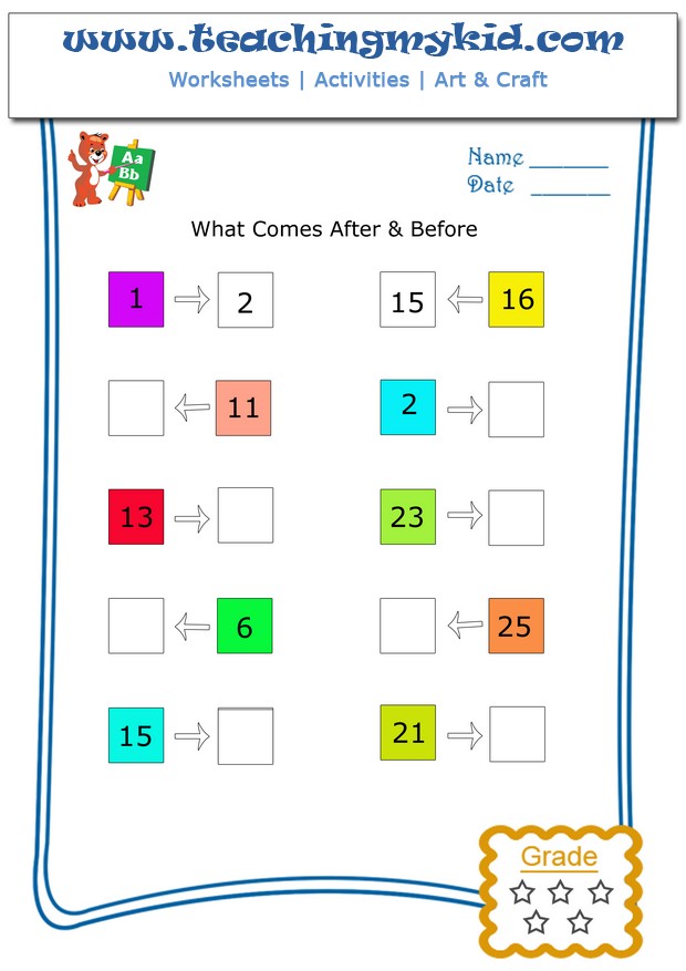 Math work - What comes after &  before - Worksheet 5