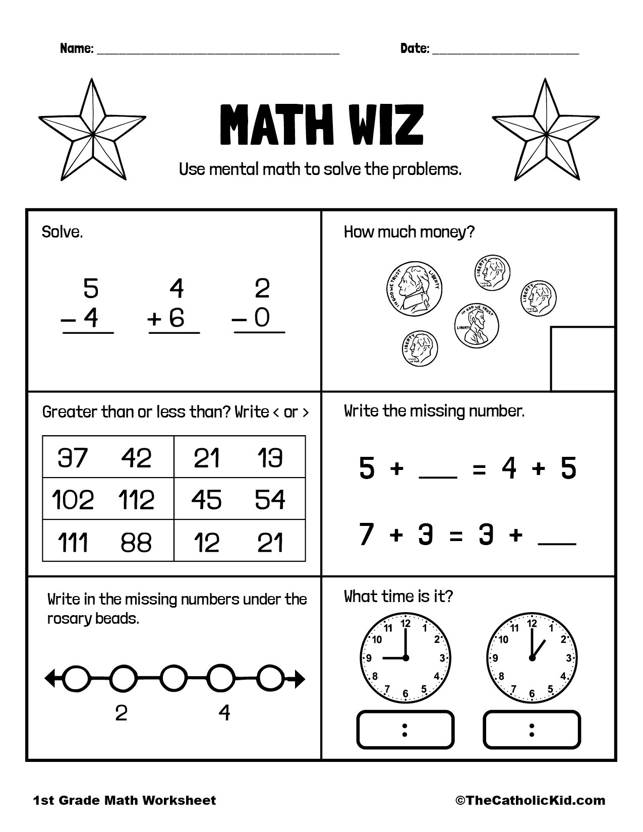 Mental Math Worksheet - TheCatholicKid.com