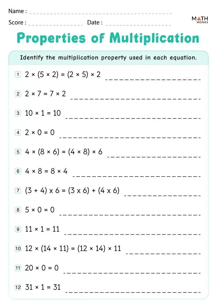 Properties of Multiplication Worksheets - Math Monks